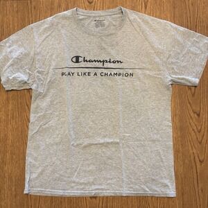 CHAMPION Gray Graphic Tee Men's Large – Play Like a Champion Slogan